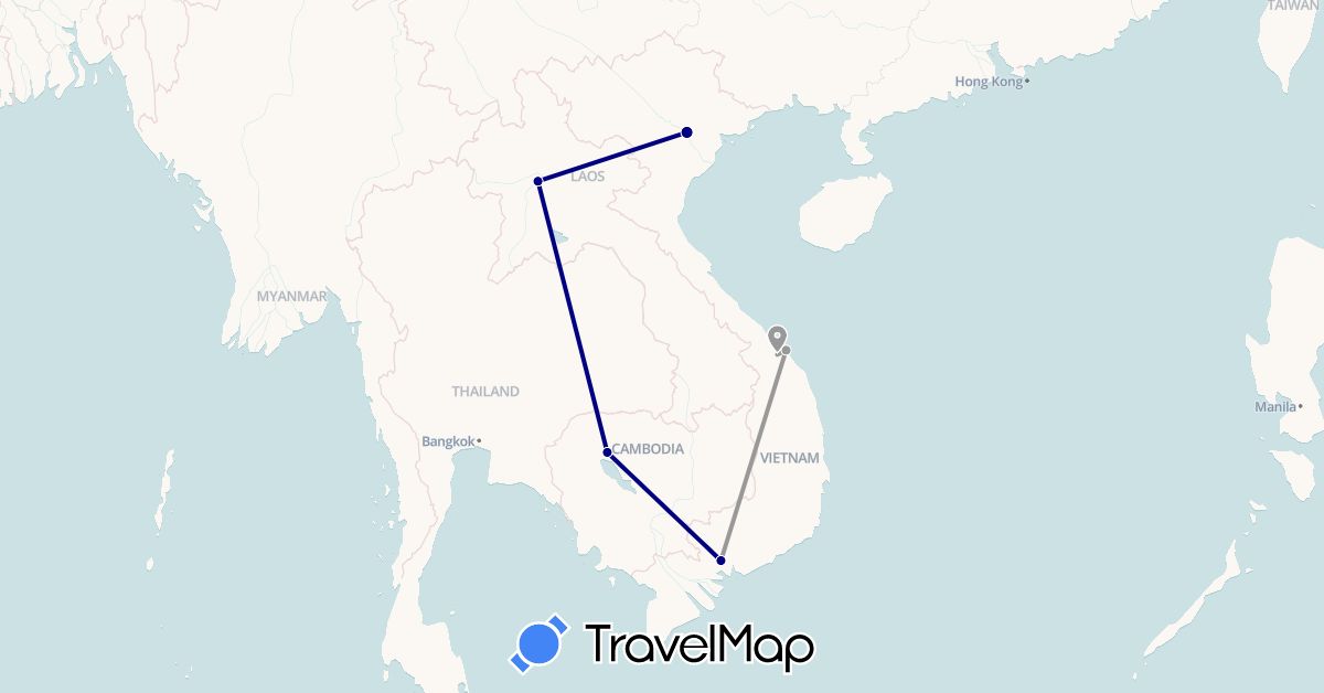 TravelMap itinerary: driving, plane in Cambodia, Laos, Vietnam (Asia)